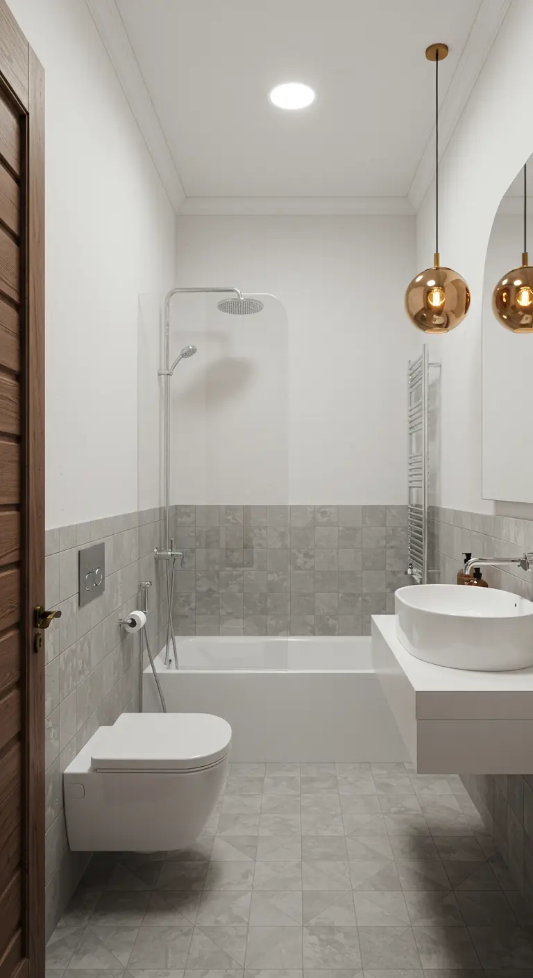 Baño moderno y funcional con azulejos grises, paredes blancas y lámparas colgantes doradas