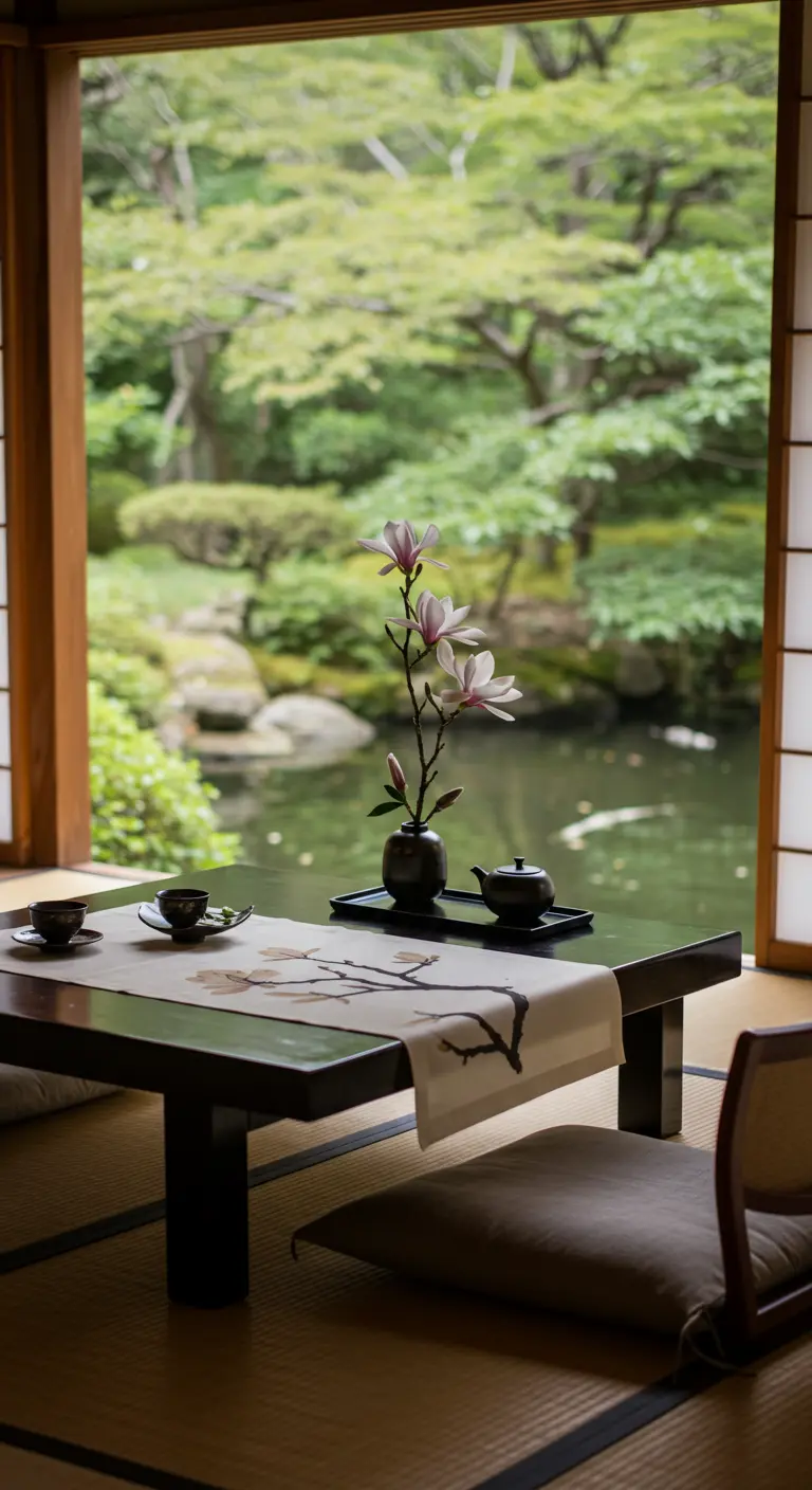 Camino de mesa con una rama de magnolia pintada en una mesa japonesa baja.