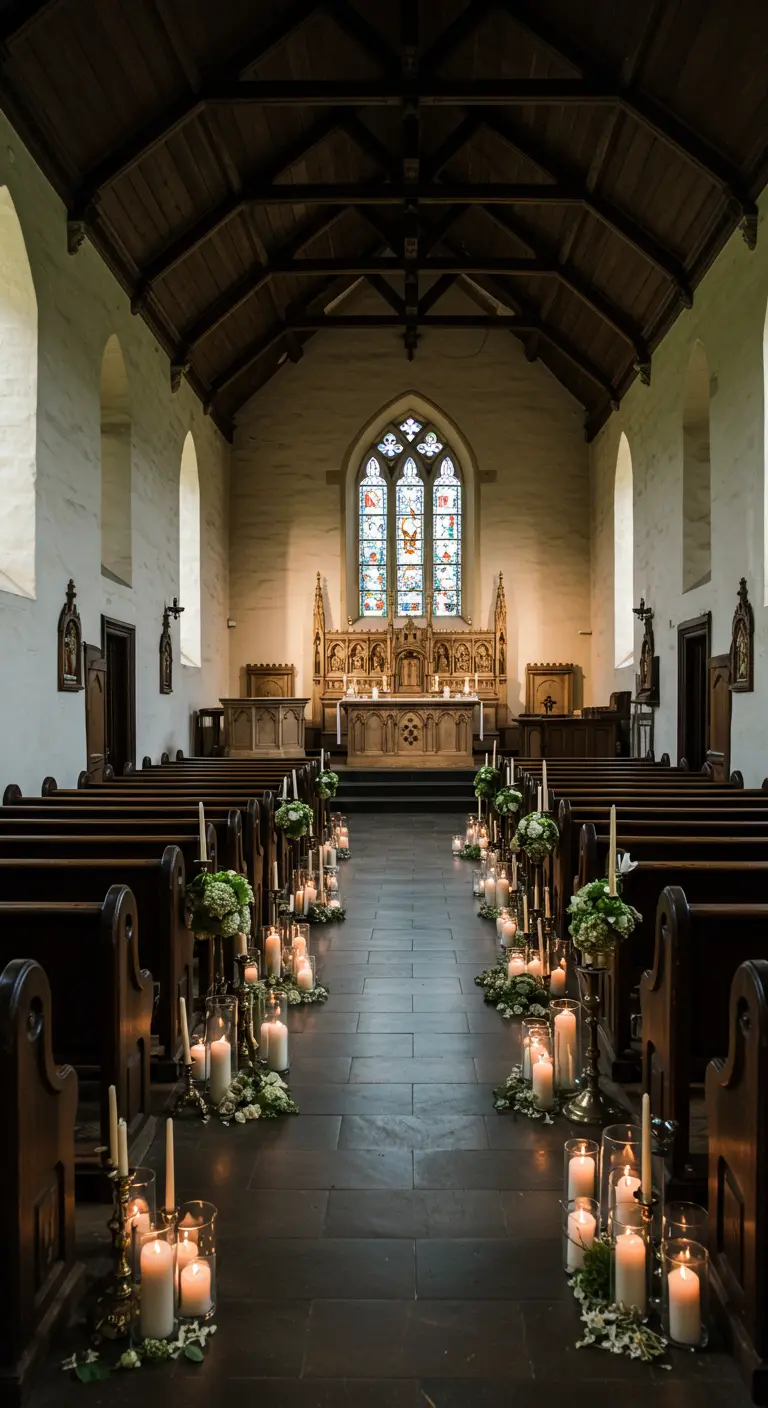 Pasillo de una iglesia de madera, decorado con vegetación y grupos de velas en el suelo.