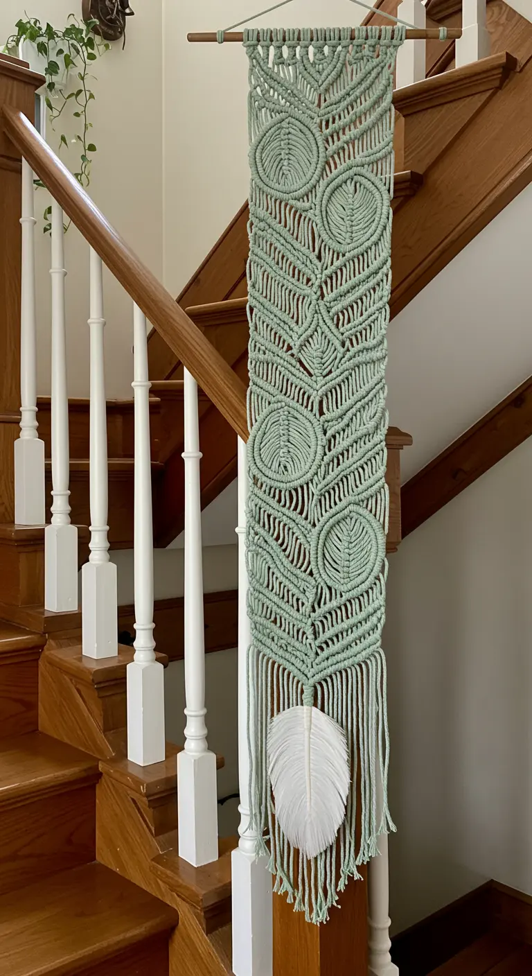 Tapiz de macramé largo y estrecho de color verde menta colgado en la barandilla de una escalera