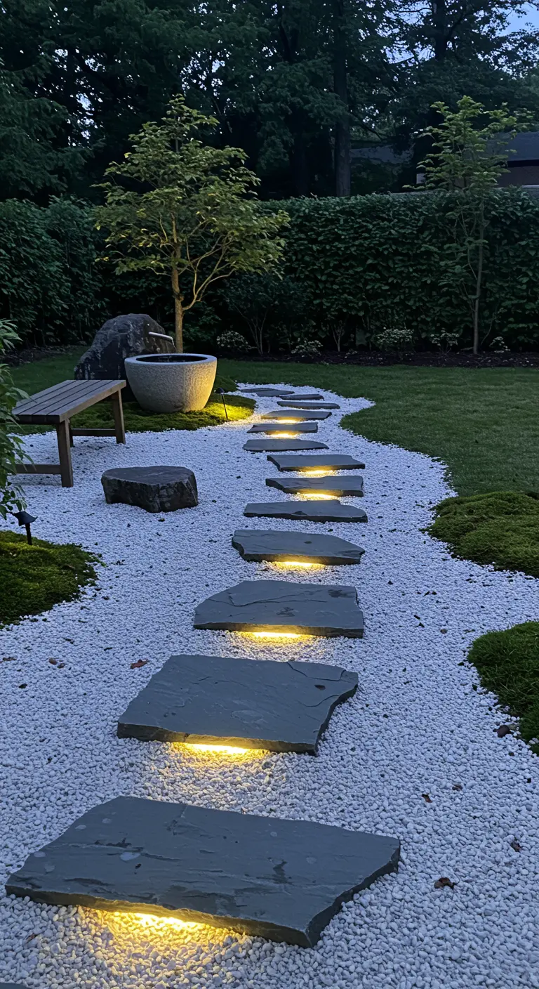 Camino de piedras irregulares en un jardín zen iluminado desde abajo con luces cálidas.