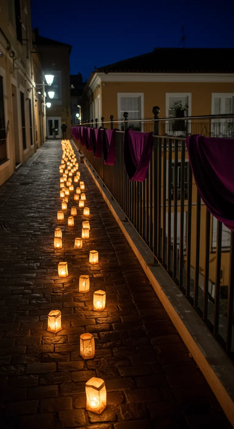 Calle adoquinada iluminada con farolillos de papel y telas moradas en la barandilla.