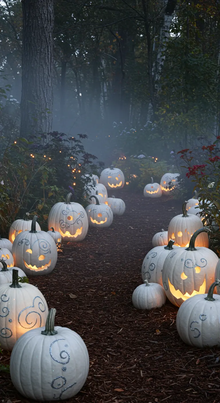 Camino en un bosque oscuro iluminado por calabazas blancas talladas y decoradas con purpurina.