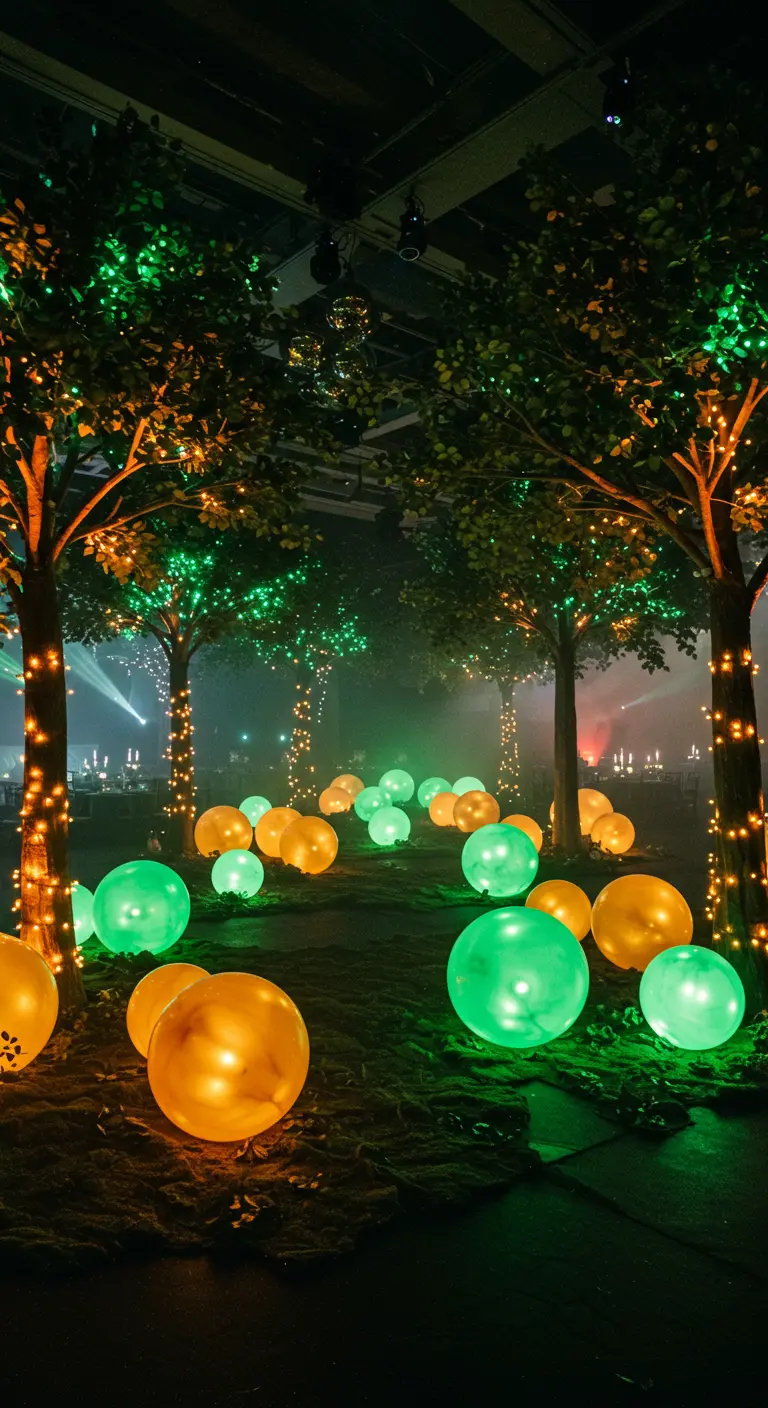 Camino en un bosque oscuro iluminado por globos LED verdes y amarillos en el suelo.