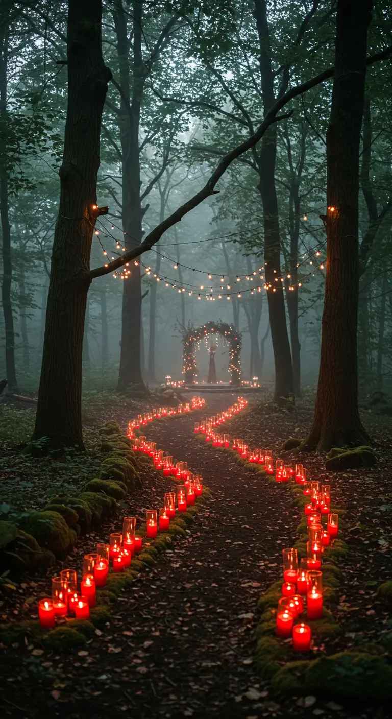 Camino de velas rojas serpenteando por un bosque neblinoso con luces colgantes.