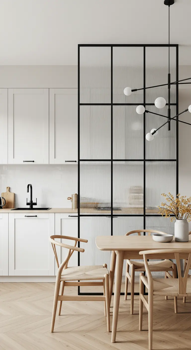 Cocina blanca y comedor de madera separados por un elegante divisor de cristal acanalado.