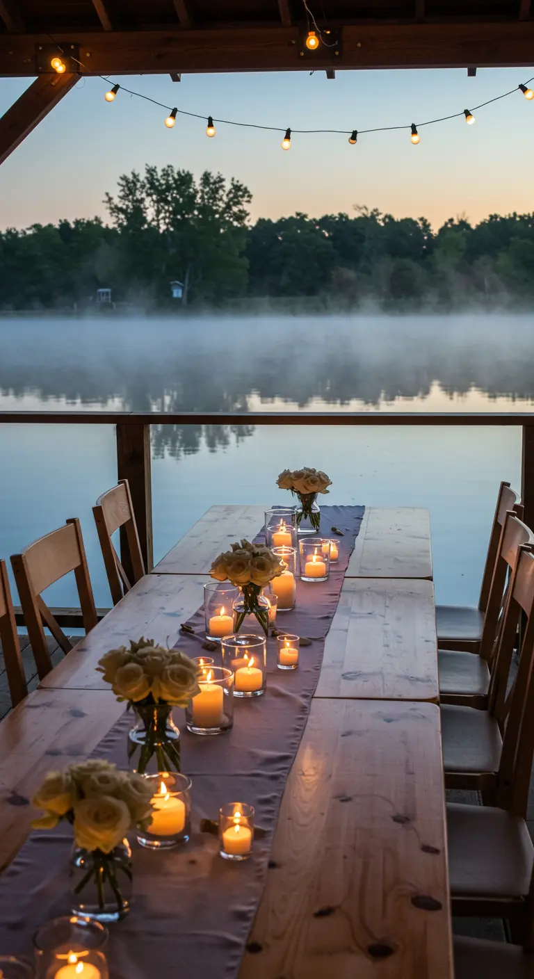 Mesa de madera en un muelle junto a un lago con niebla, decorada con velas y rosas.