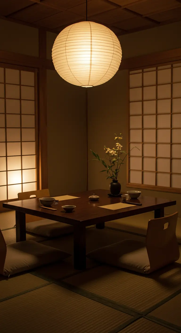 Comedor de estilo japonés con una lámpara de papel, mesa baja y cojines en el suelo.