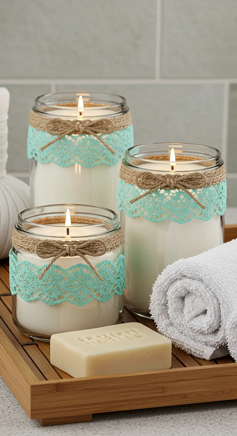 Tres velas en frascos con encaje color turquesa y yute, decorando una bandeja de baño.