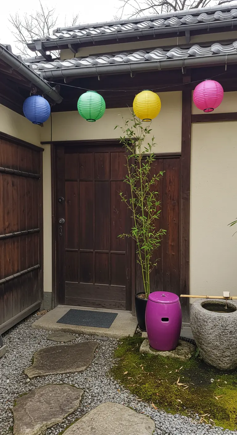 Entrada de inspiración japonesa con farolillos de colores, bambú y un taburete fucsia