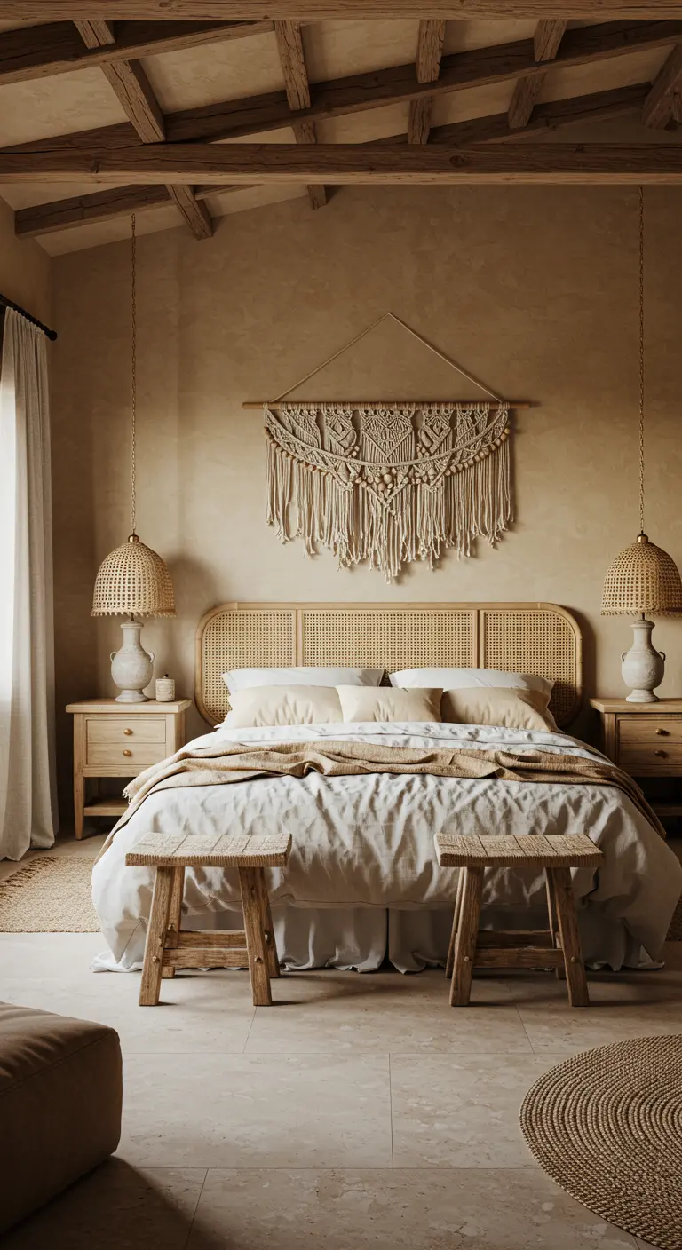 Dormitorio boho-chic en tonos neutros con cabecero de ratán, tapiz de macramé y textiles de lino.