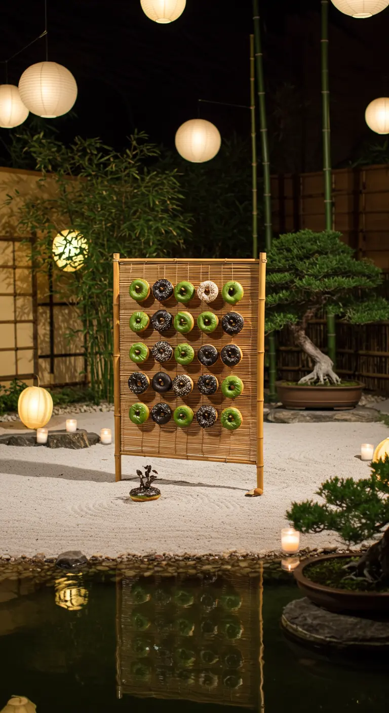 Expositor de donuts de bambú con donuts verdes y de chocolate en un jardín zen por la noche.