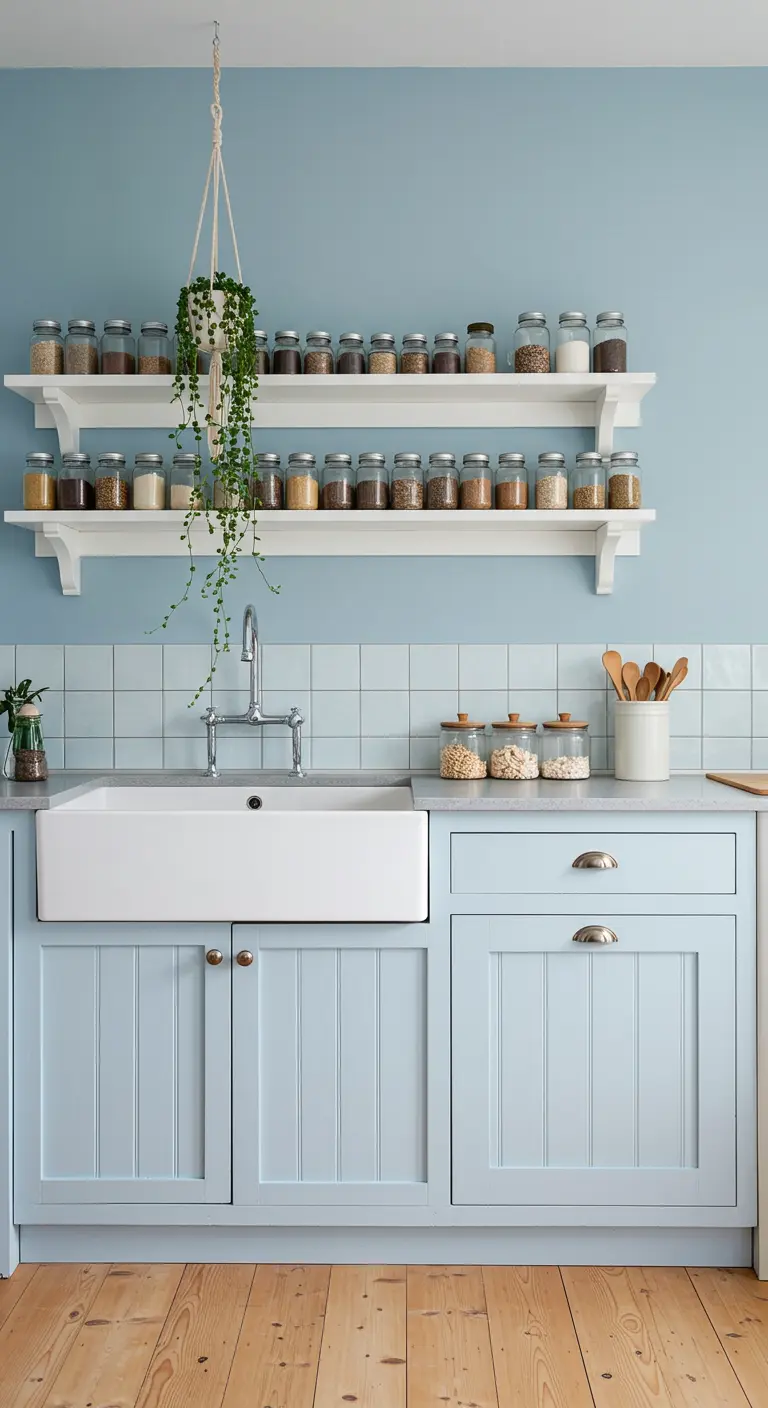Cocina azul pastel con estantes blancos, frascos de especias idénticos y una planta colgante.