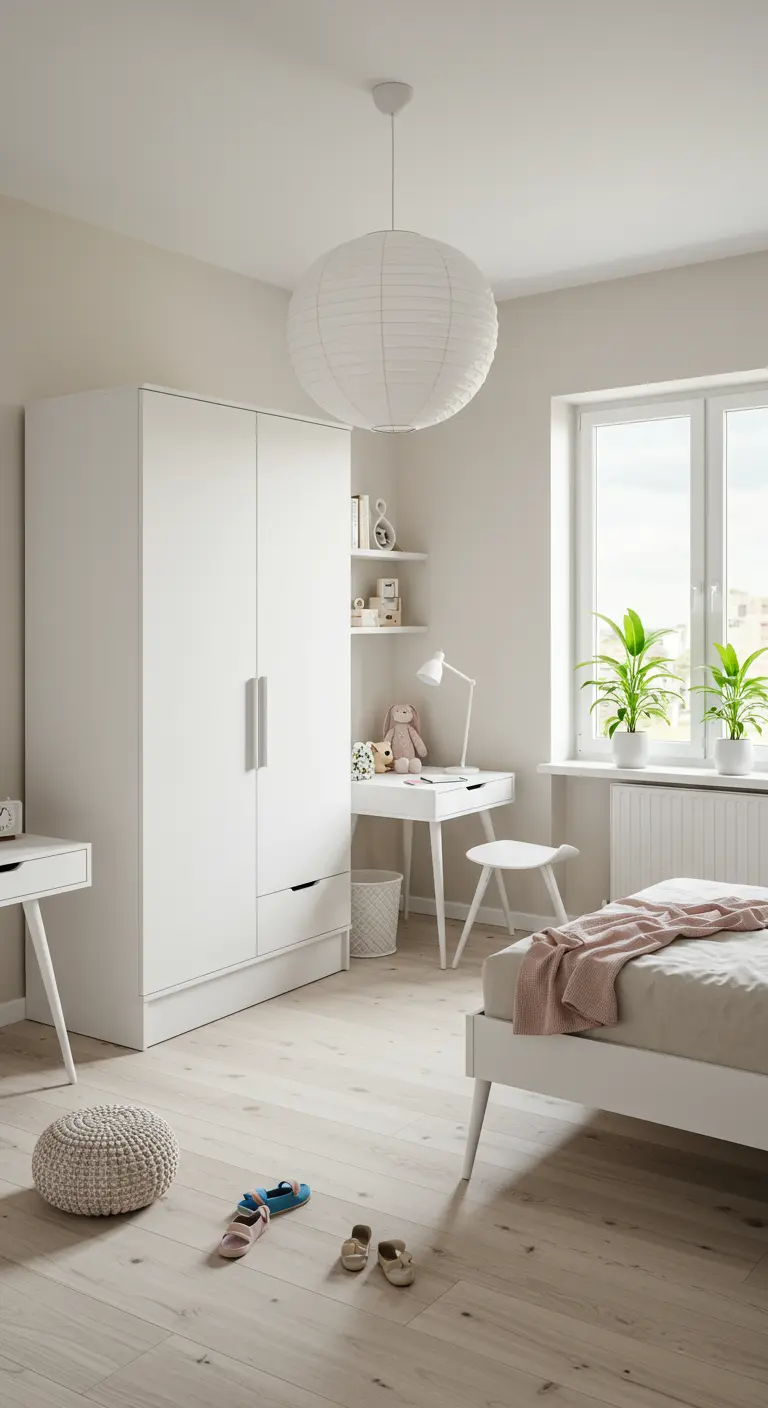 Habitación juvenil completamente blanca con muebles minimalistas y una lámpara de papel.