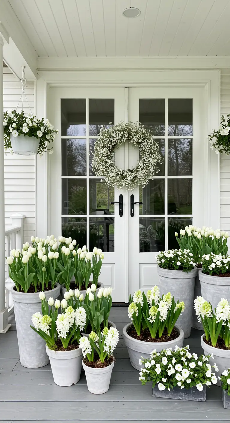 Porche gris con puertas francesas blancas, corona de gypsophila y un mar de flores blancas en macetas de cemento