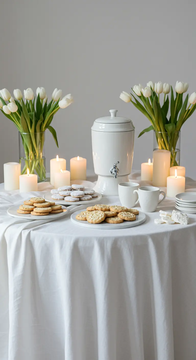 Elegante mesa de postres totalmente blanca con tulipanes blancos frescos, velas y vajilla de cerámica.