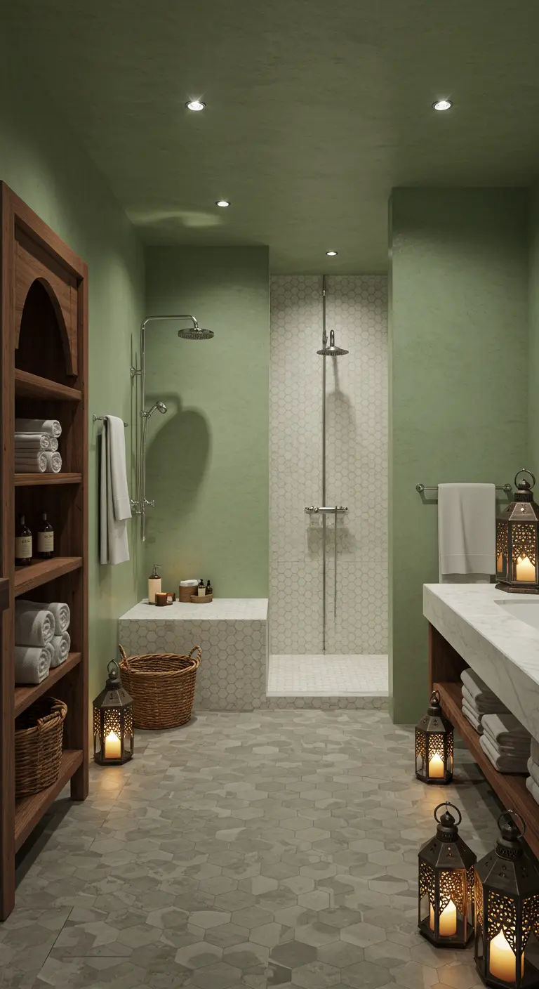 Baño spa en tonos verde oliva con ducha de azulejos hexagonales y farolillos en el suelo