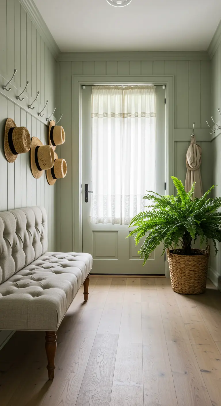 Recibidor verde salvia con un banco tapizado en lino, sombreros colgados y un gran helecho.