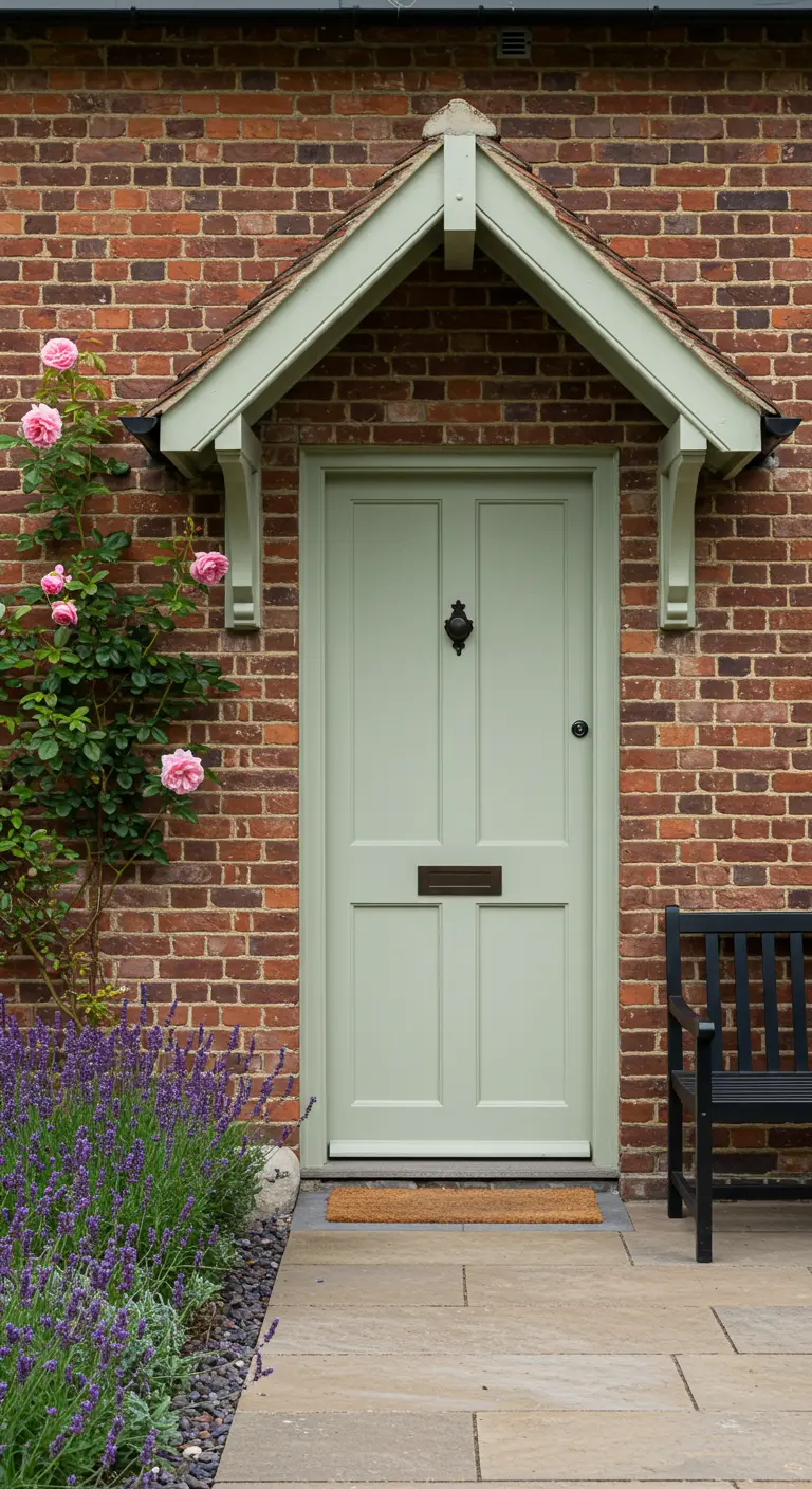 Entrada de ladrillo con puerta verde salvia, un rosal trepador rosa pálido y un borde de lavanda.