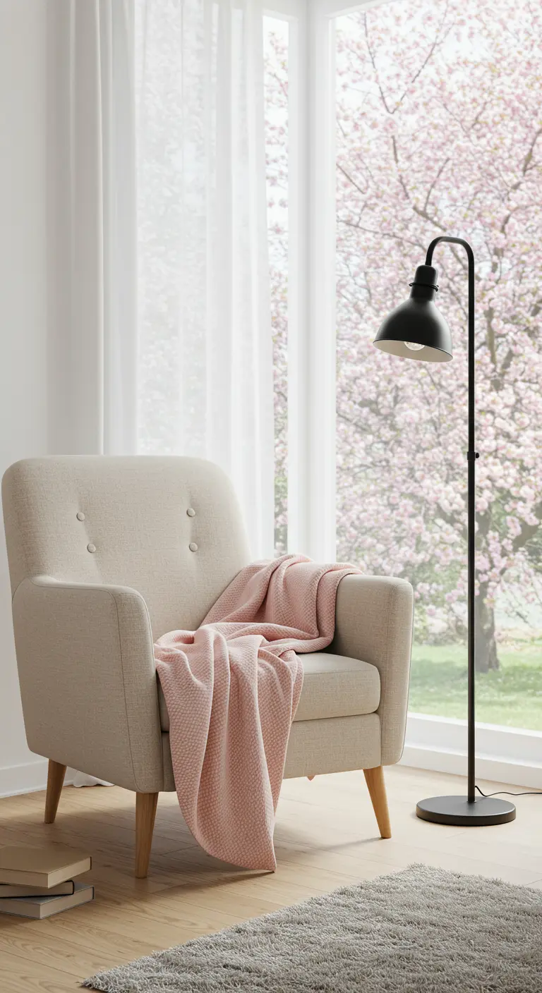 Sillón beige con una manta rosa claro, junto a una ventana con cerezos en flor.