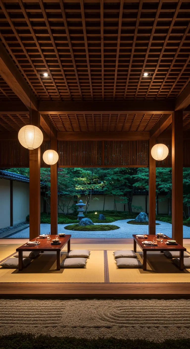 Sala de estilo japonés con tatamis y dos farolillos de papel colgando del techo de madera.