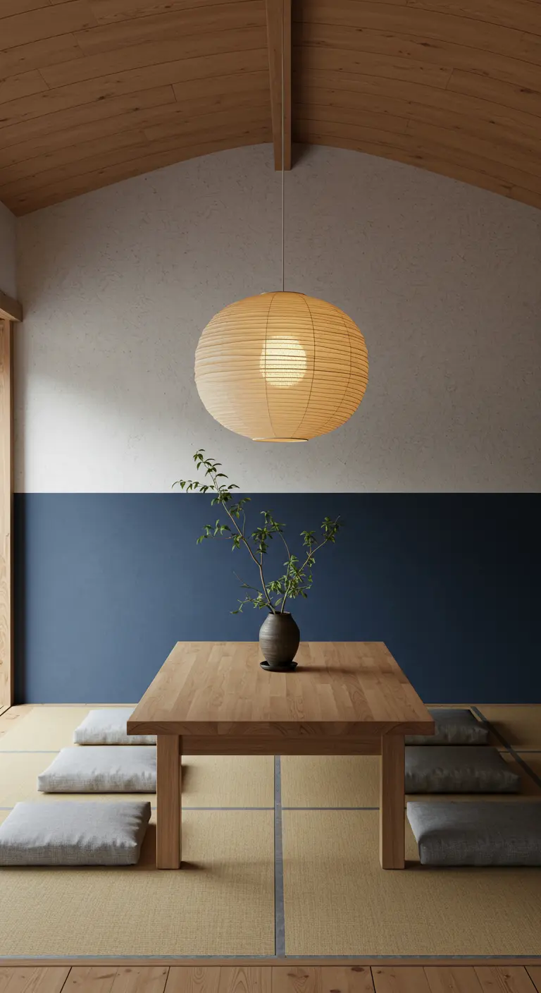 Comedor de estilo Japandi con pared pintada en azul índigo y blanco, con mesa baja de madera.