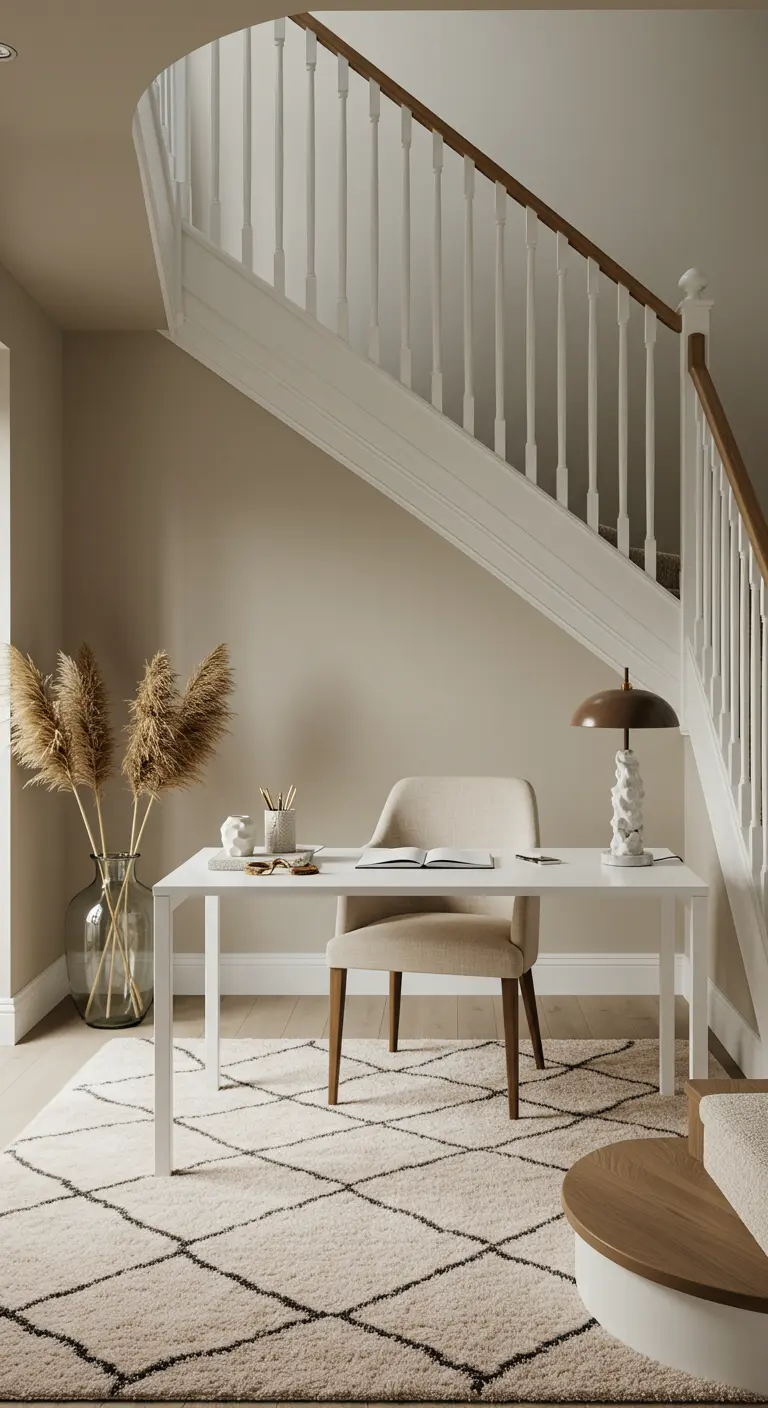 Espacio de trabajo Japandi con escritorio blanco, lámpara escultural y jarrón con pampa grass.