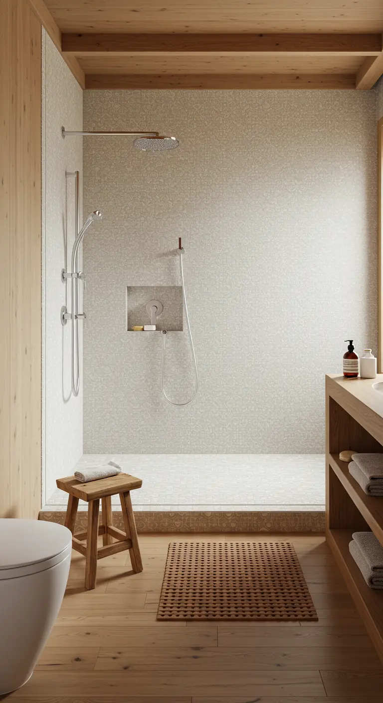 Ducha minimalista con mosaico de patrón sutil, paredes y muebles de madera clara.