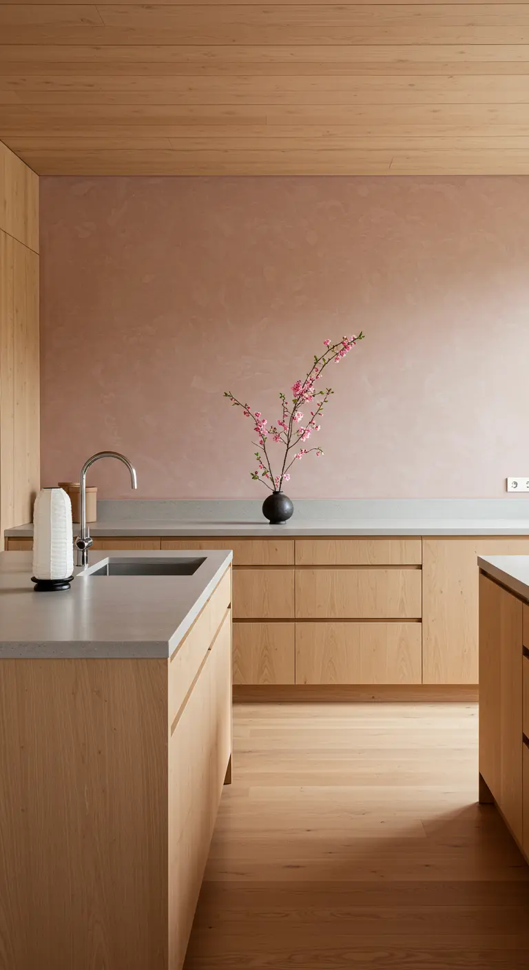 Cocina Japandi con pared texturizada en rosa terracota y gabinetes de madera clara.