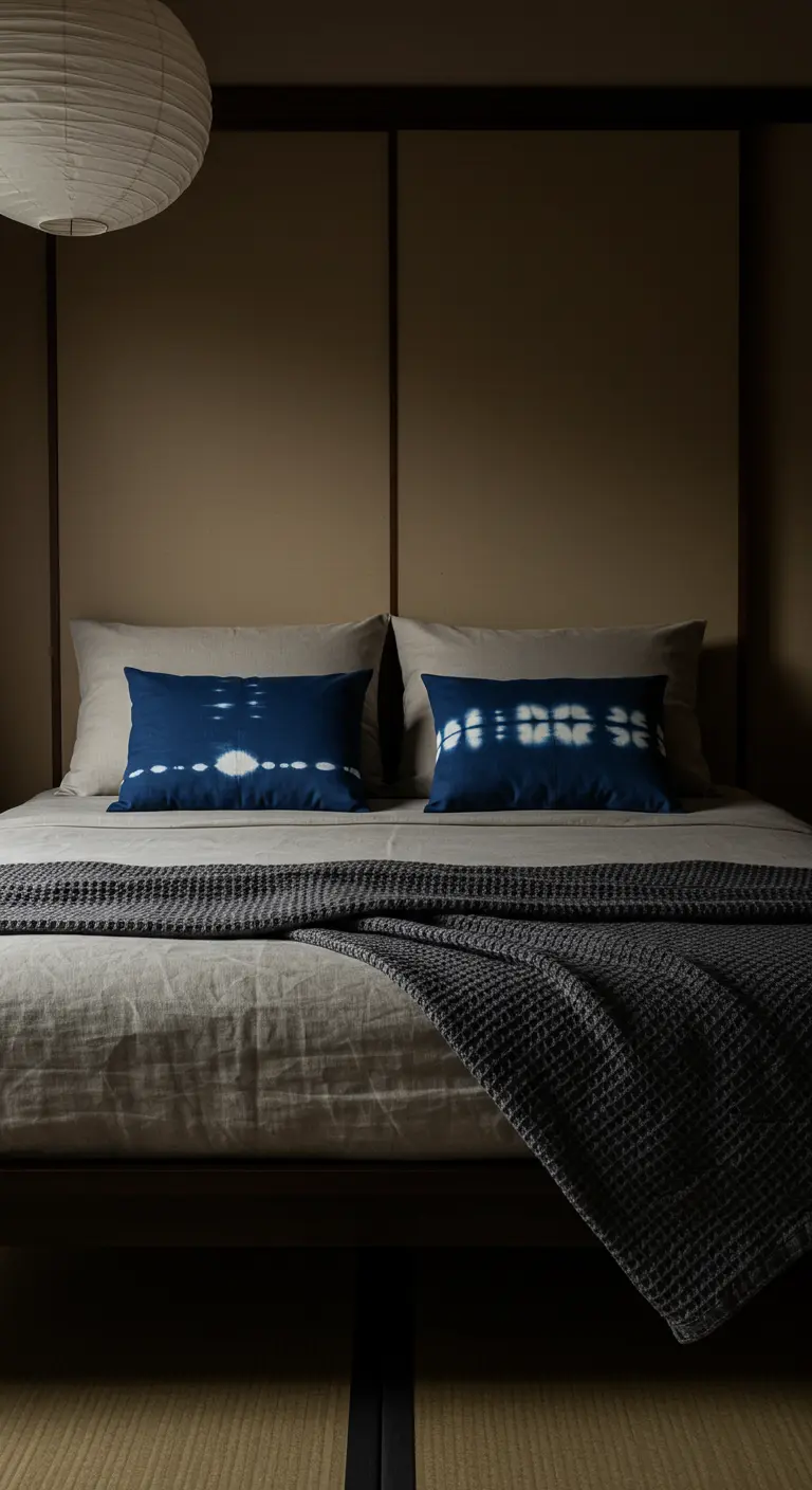 Cama de estilo Japandi con cojines de teñido índigo y una manta de tejido waffle gris.