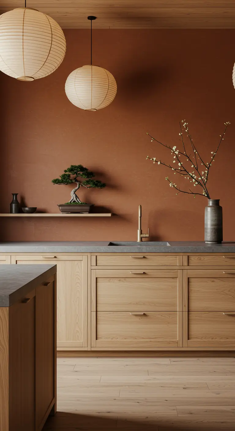 Cocina de estilo Japandi con pared terracota, gabinetes de madera clara y lámparas de papel.