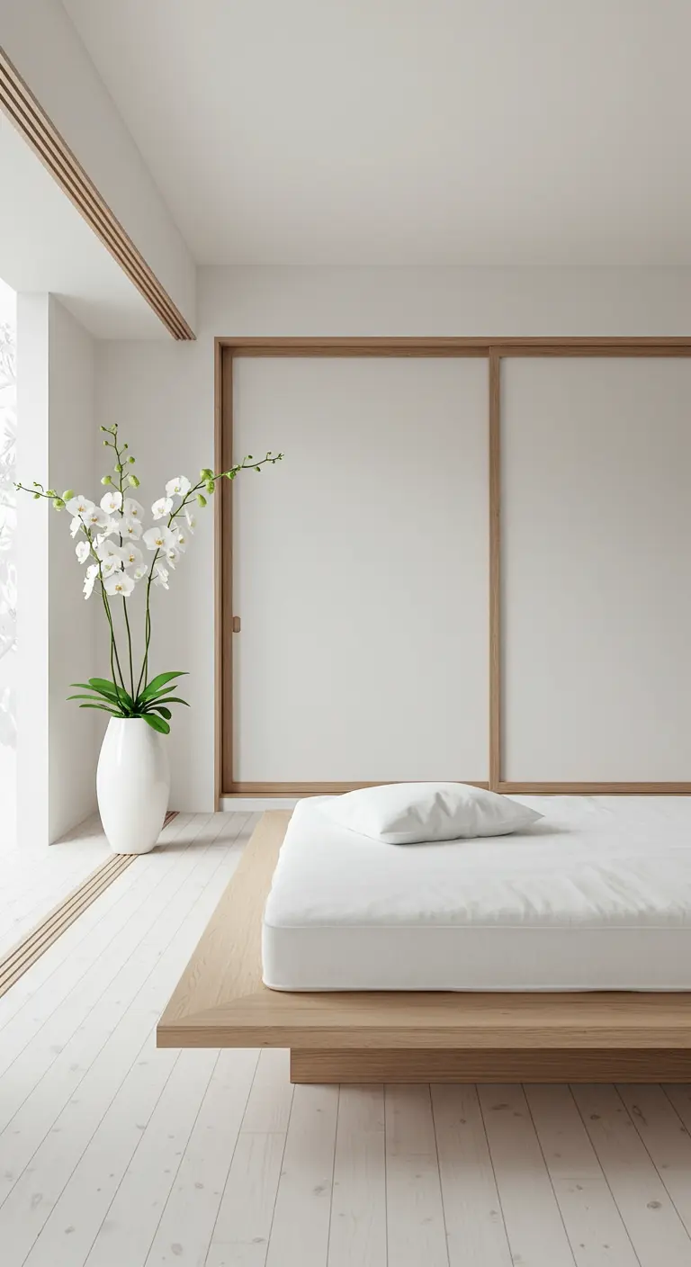 Dormitorio de estilo Japandi con cama baja de madera, puertas correderas y una orquídea blanca.