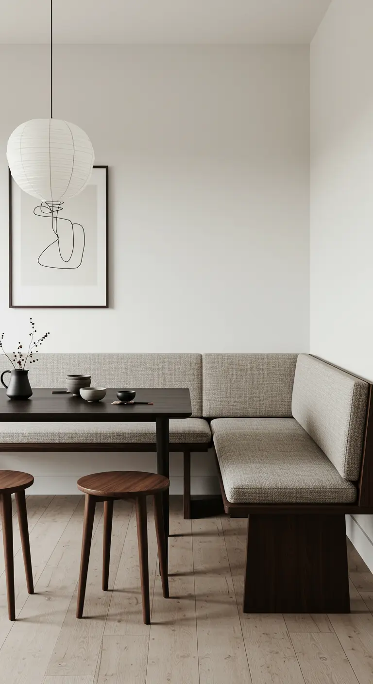 Comedor minimalista con banco esquinero de madera oscura y cojines grises claros.