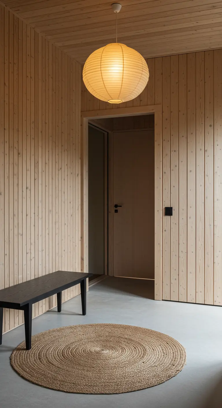 Entrada de estilo Japandi con paredes de listones de madera y lámpara de papel