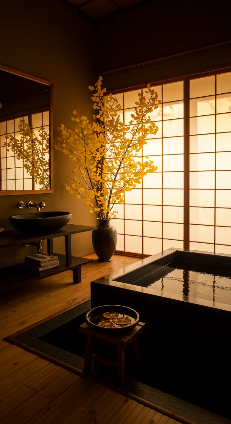 Baño de estilo japonés con una bañera oscura y un gran jarrón con ramas de ginkgo amarillas.