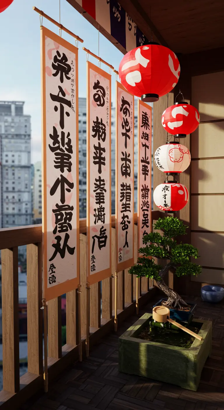 Balcón de estilo japonés con estandartes de caligrafía, farolillos de papel y un bonsái.