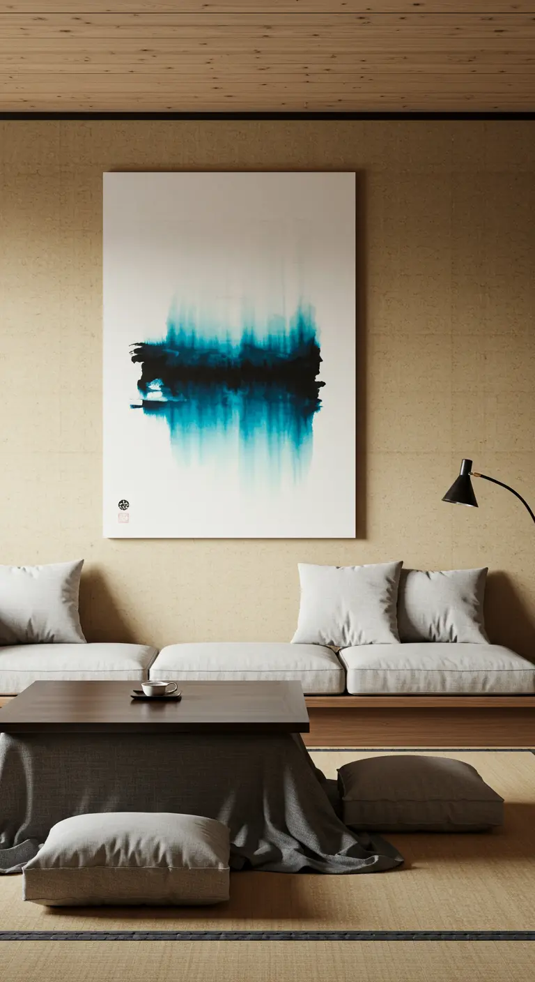 Sala de inspiración japonesa con muebles bajos y un cuadro de tinta abstracta en la pared.