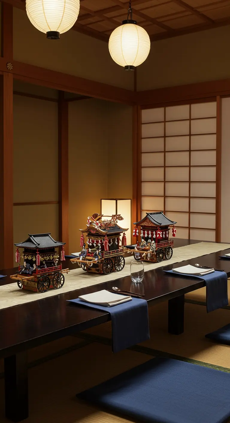 Mesa japonesa minimalista con tres carrozas tradicionales en miniatura.