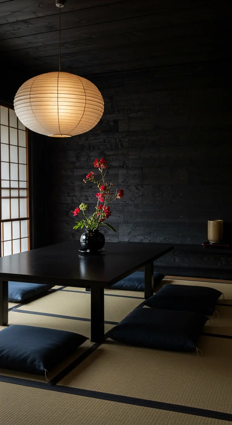 Comedor de estilo japonés con mesa baja, cojines en el suelo y lámpara de papel.