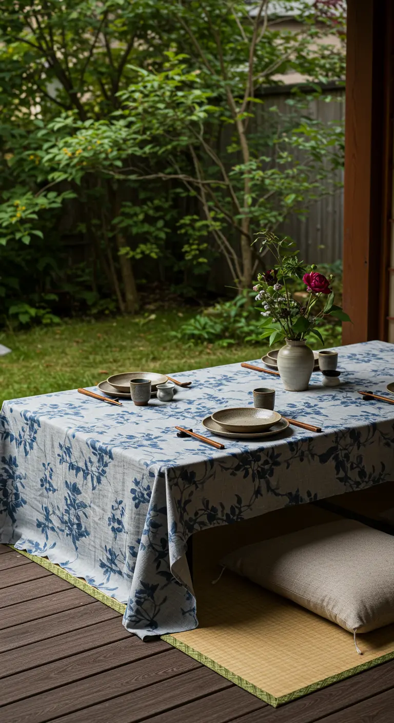 Mesa baja de estilo japonés en un porche, con mantel floral azul y cojines en el suelo.