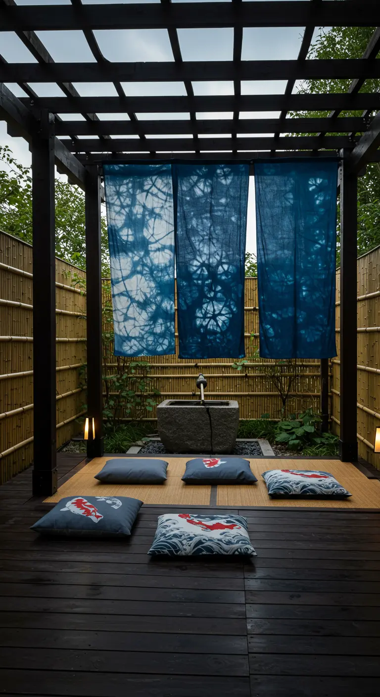 Patio de inspiración japonesa con pérgola oscura, paneles de tela teñida en azul y cojines en el suelo.