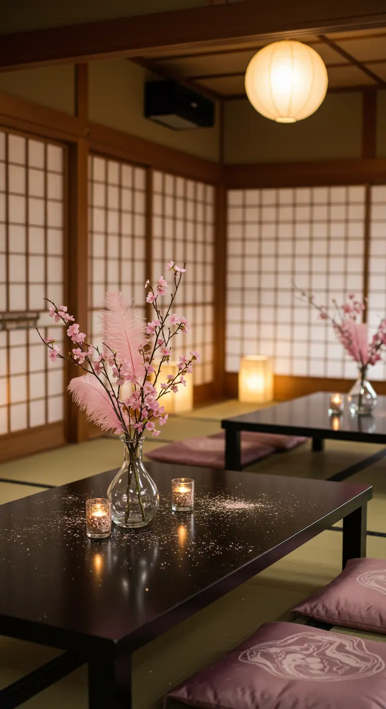 Centro de mesa japonés con flores de cerezo, plumas rosas y purpurina sobre una mesa baja.