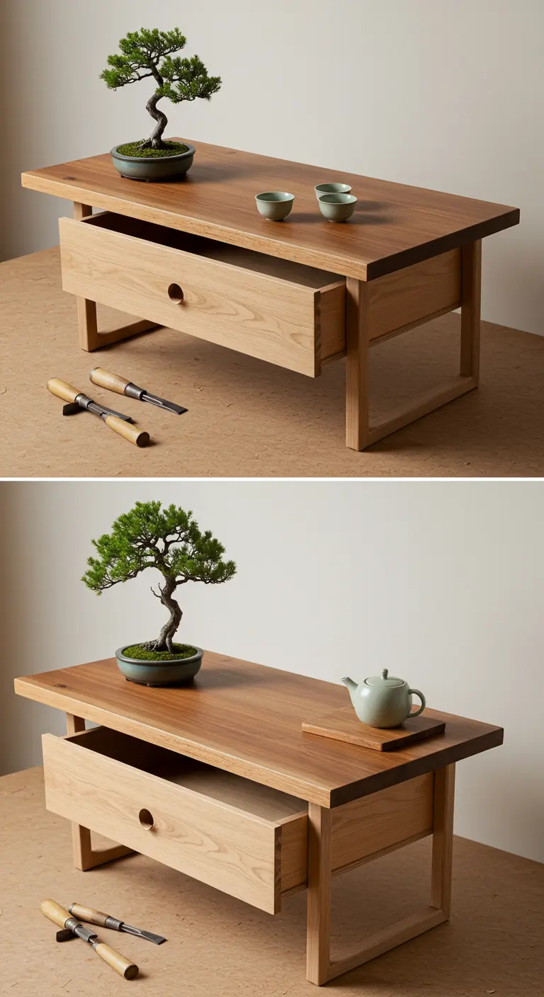 Mesa de centro baja de madera con un cajón central y un bonsái encima, estilo japonés