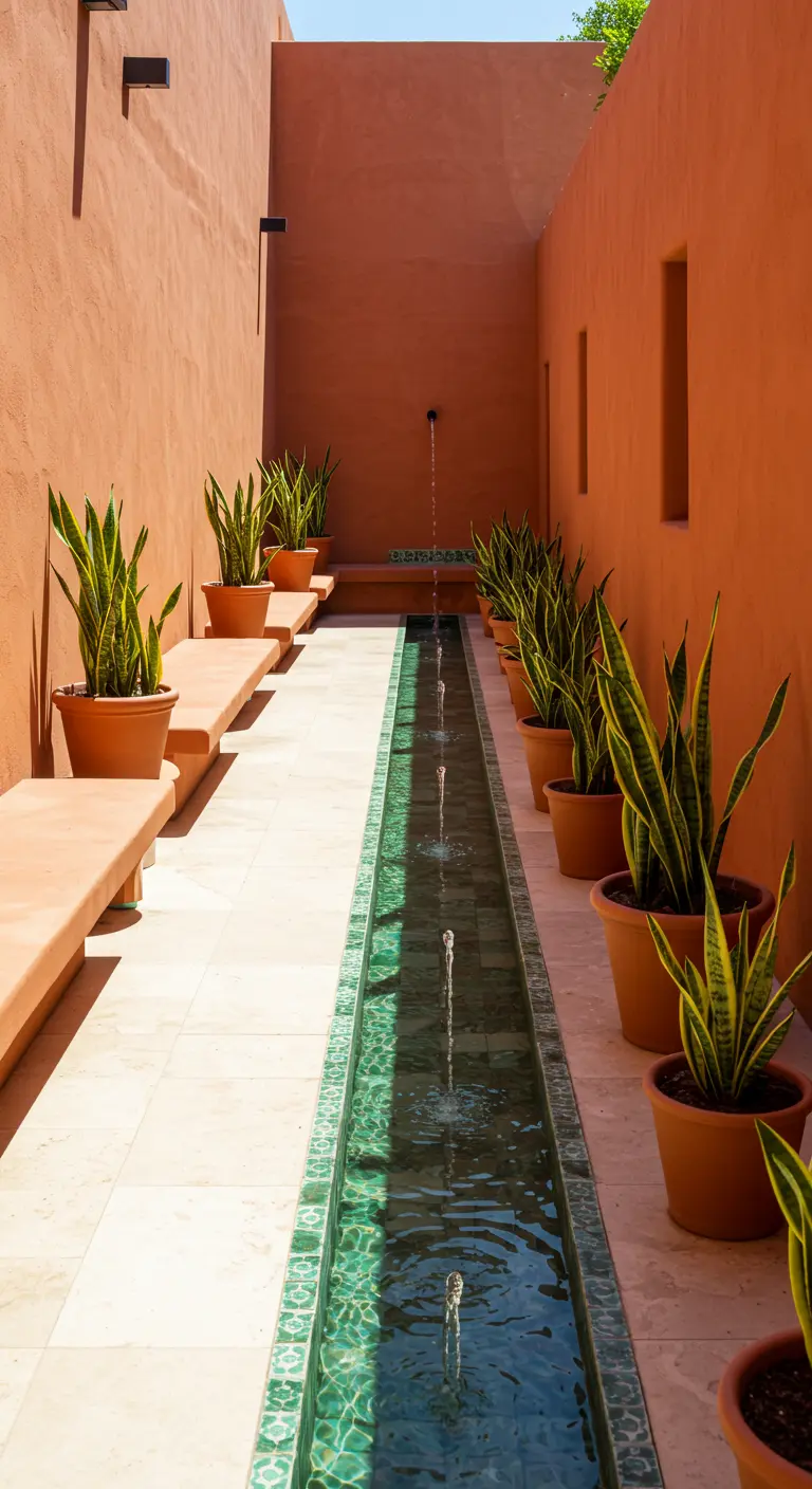 Patio estrecho y largo con un canal de agua central y macetas alineadas.