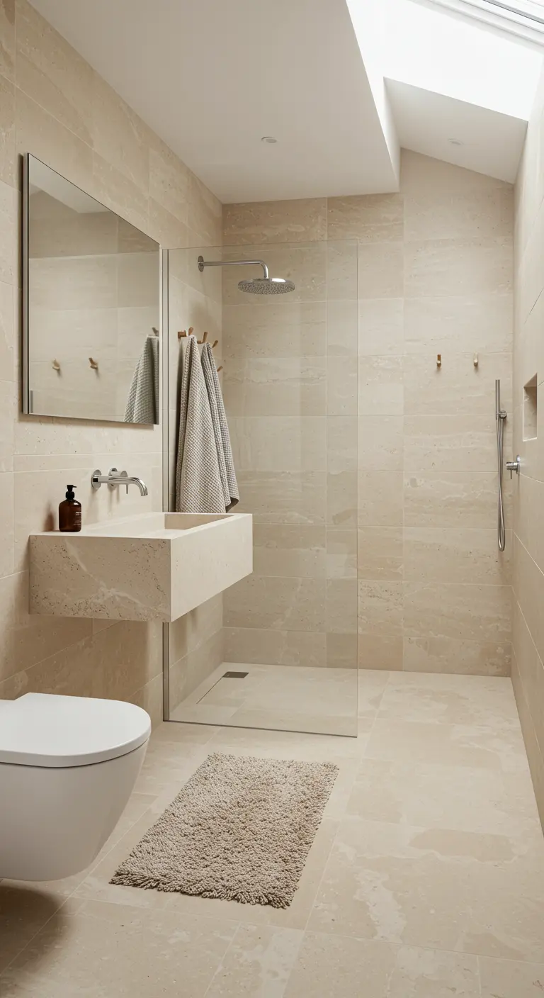 Baño minimalista y luminoso con paredes y lavabo de travertino, y una mampara de cristal sin perfiles.