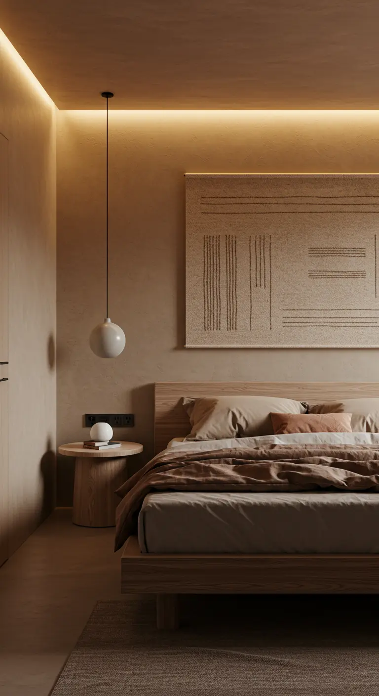 Dormitorio minimalista en tonos tierra con iluminación indirecta y un tapiz de pared texturizado.
