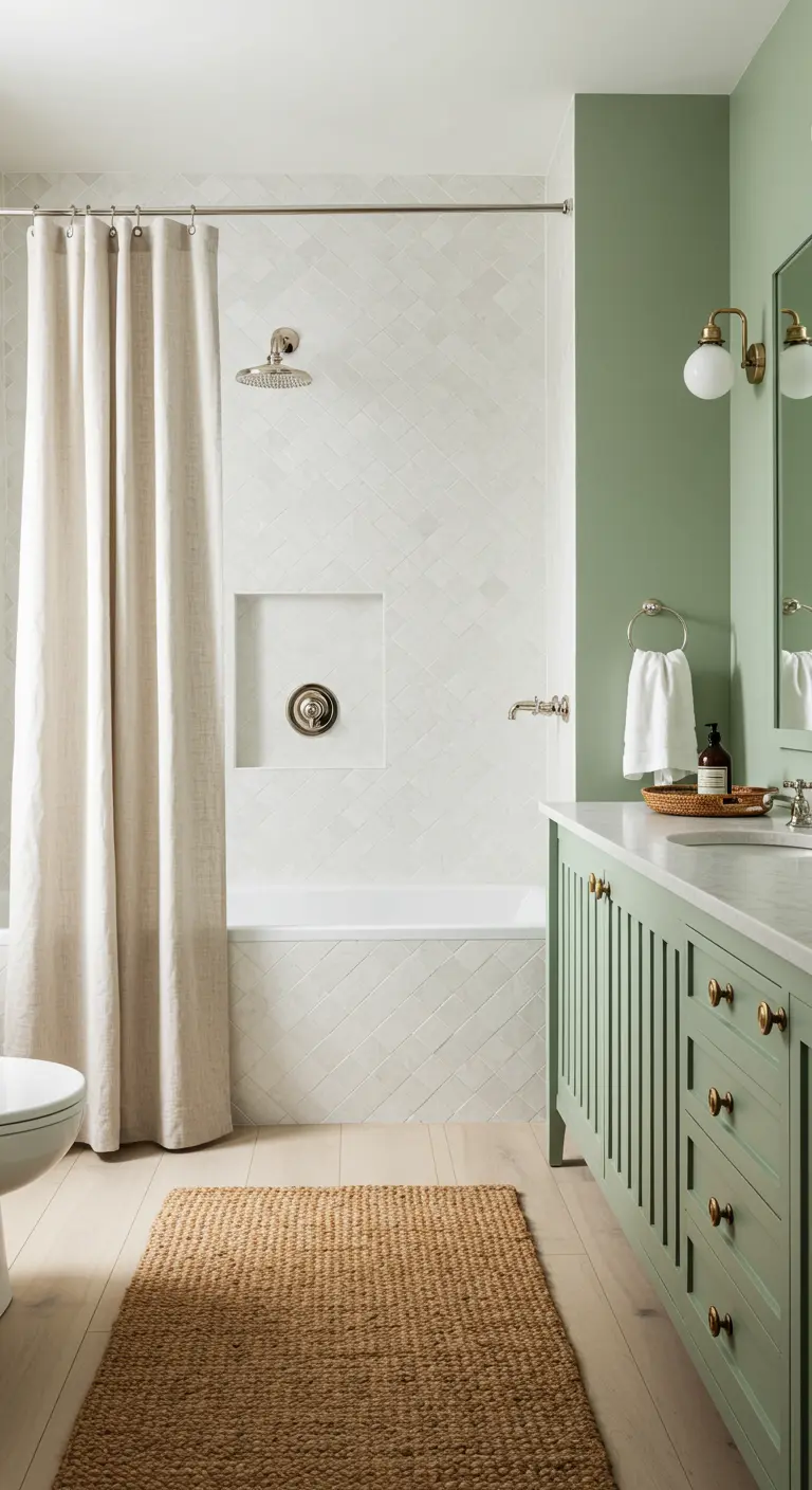 Baño con mueble y pared en verde seco, cortina de lino y alfombra de yute.
