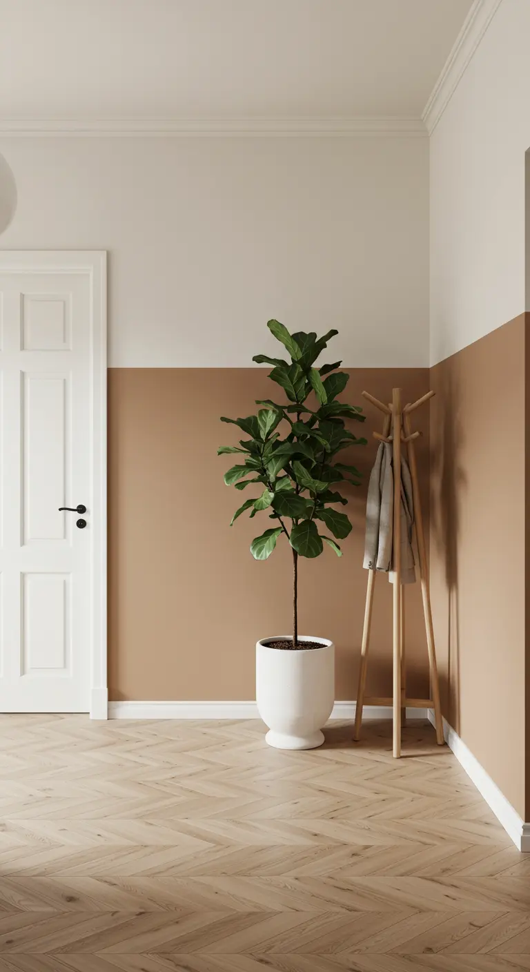 Recibidor de estilo escandinavo con pared bicolor en color caramelo y blanco.