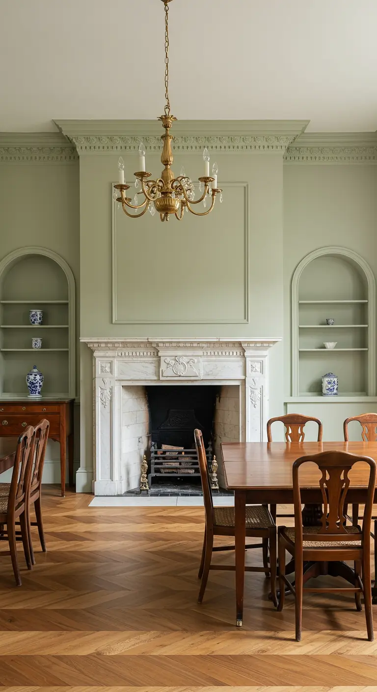 Comedor neoclásico con paredes verde salvia, una chimenea de mármol blanco y hornacinas empotradas.