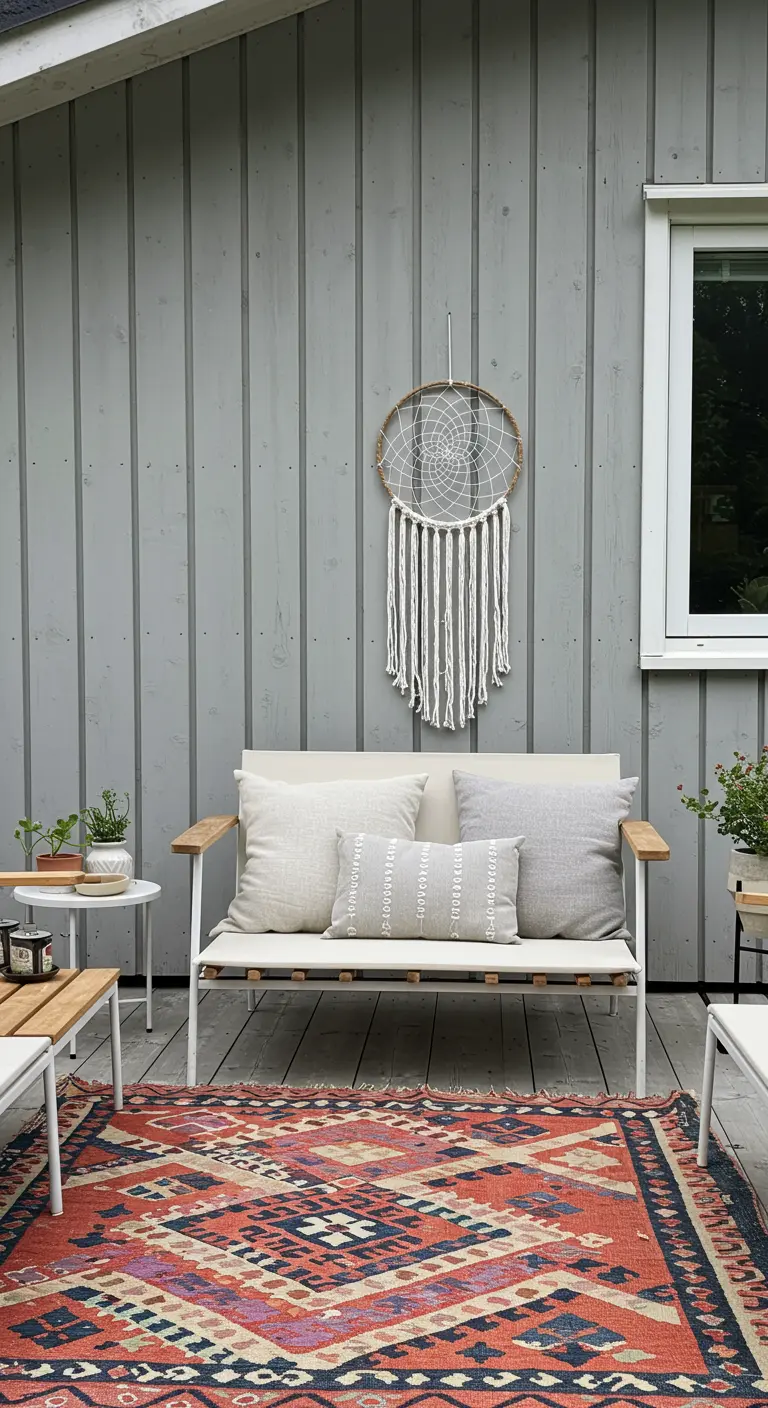Patio minimalista de estilo nórdico con sofá blanco, pared gris y una alfombra tipo kilim colorida